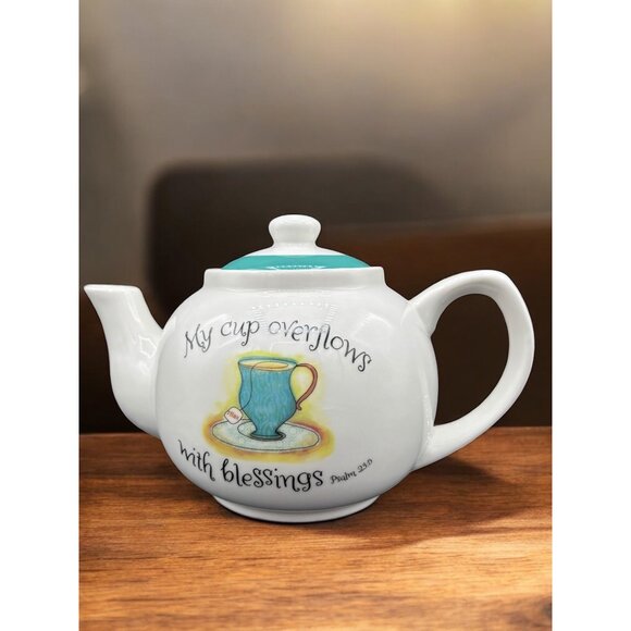 "My Cup Overflows with Blessings" Ceramic Teapot 6" - Picture 4 of 11